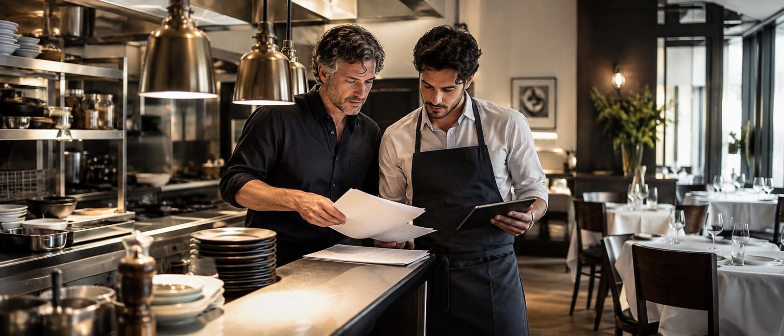Two people at the pass reviewing a stack of invoices with a tablet, with the dining room set behind them.
