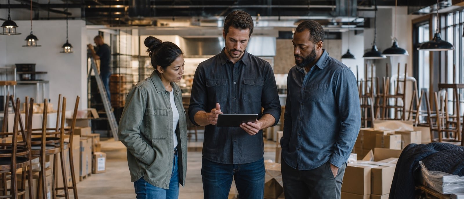 An operator with two managers and a tablet in a restaurant before opening.