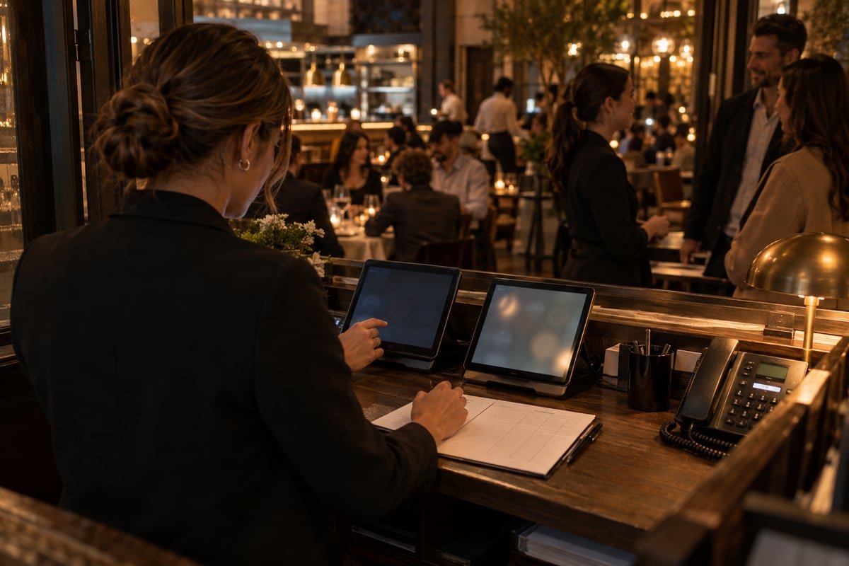 A manager checks two tablets and a rollback sheet while restaurant service continues behind the host stand.