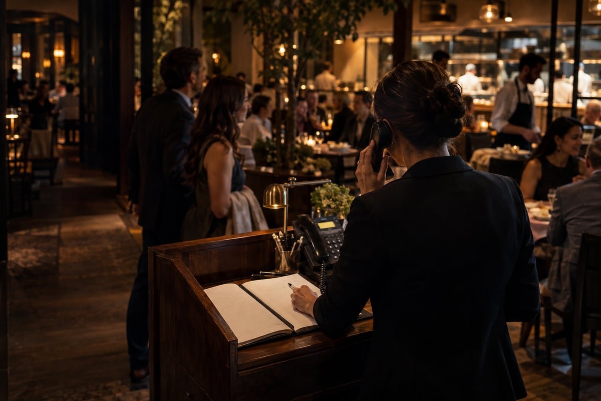 An operator traces a phone and reservation handoff at a host stand during service.