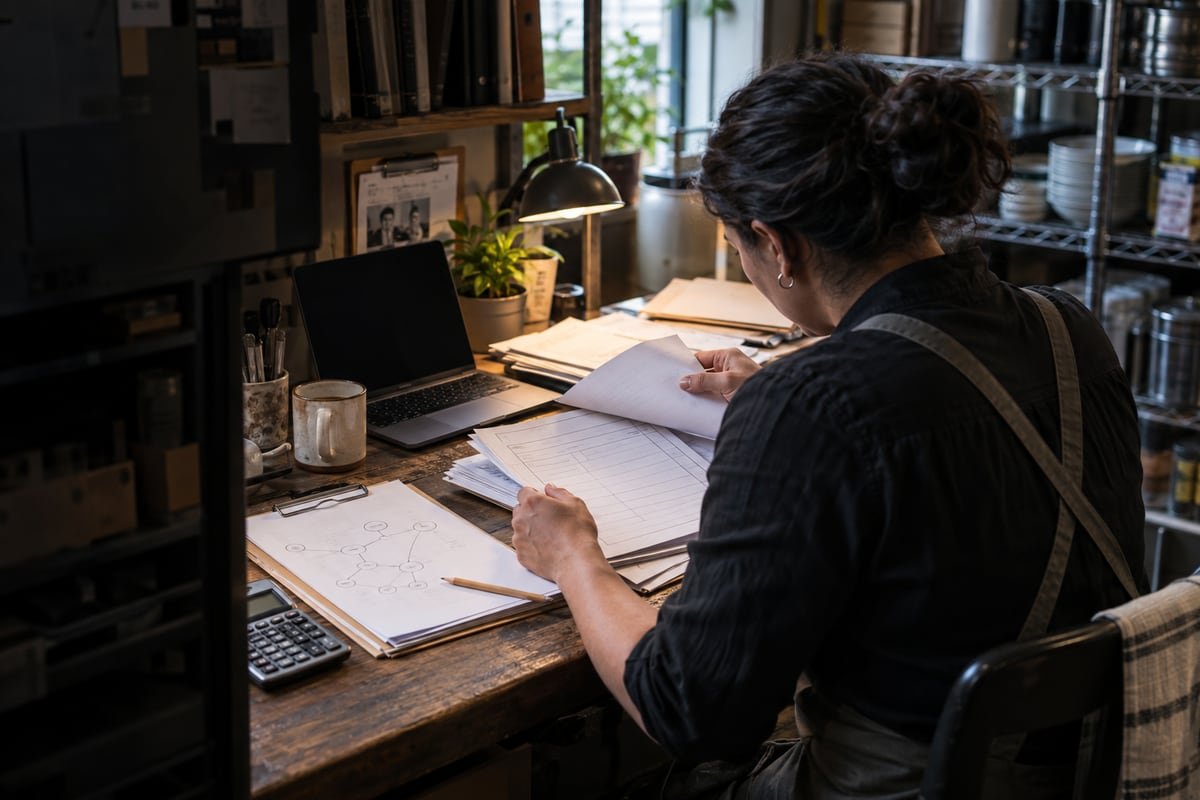 An operator sorts invoices and an operational map on a restaurant back-office desk.