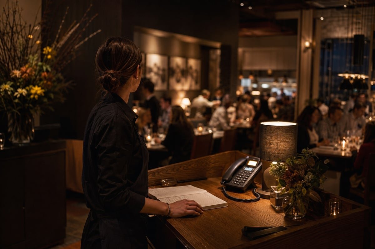 A host stand during a full service, with the reservation book open and the phone lit.