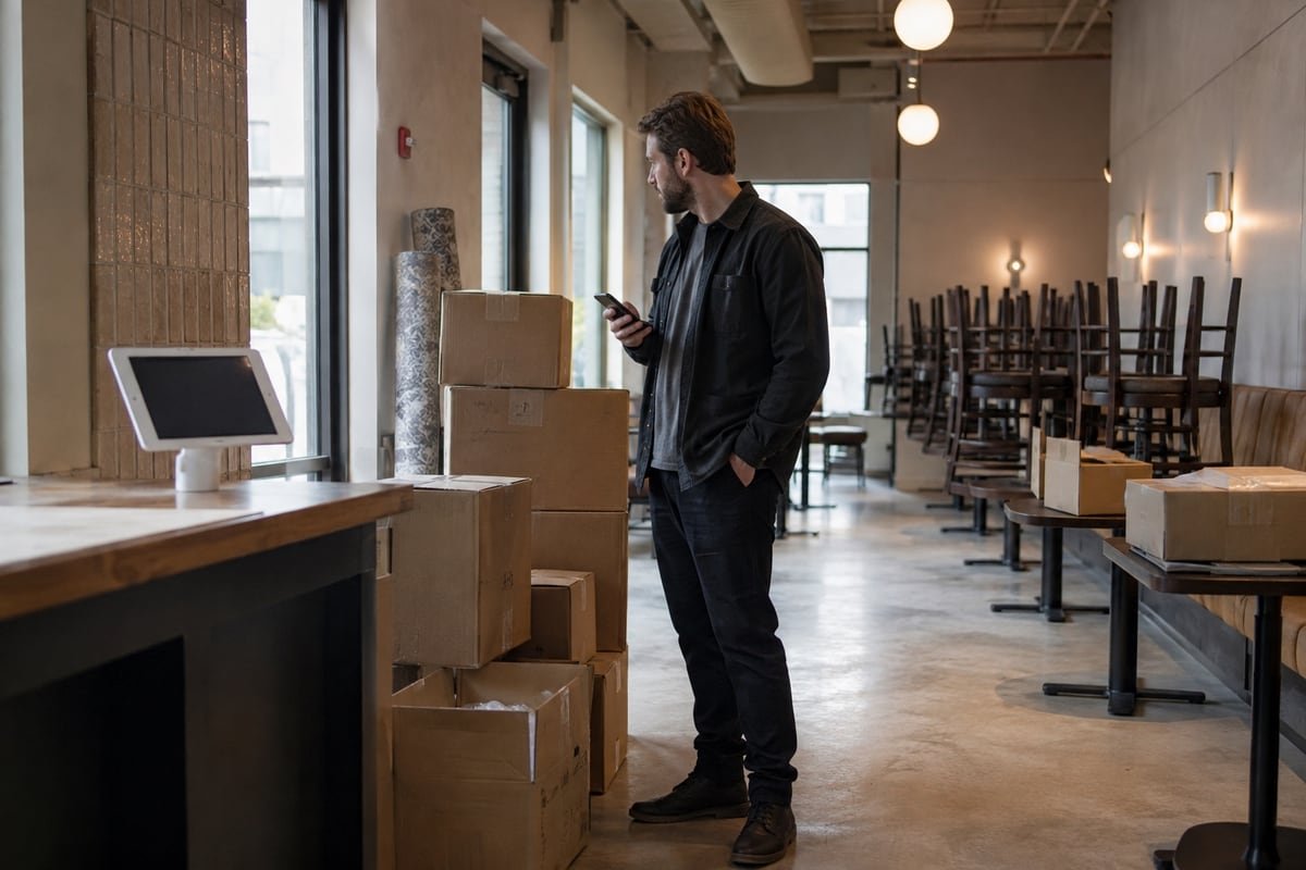 A manager on a phone in a second restaurant location before opening, with boxes and stacked chairs.