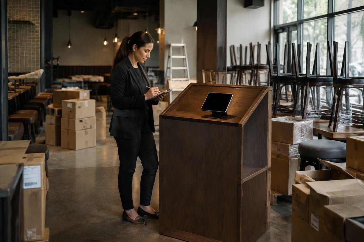 A second restaurant location before opening, with boxes and a tablet on the counter.