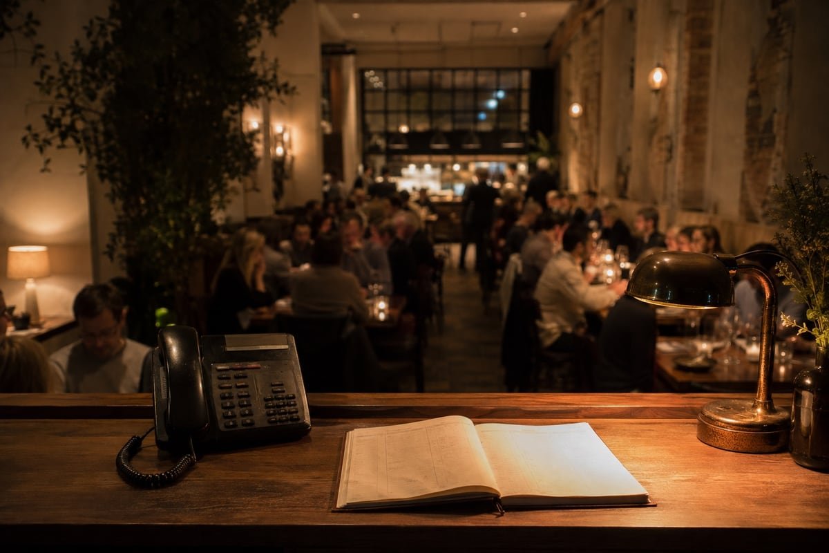 A full dining room seen from the host stand, with the phone lit.