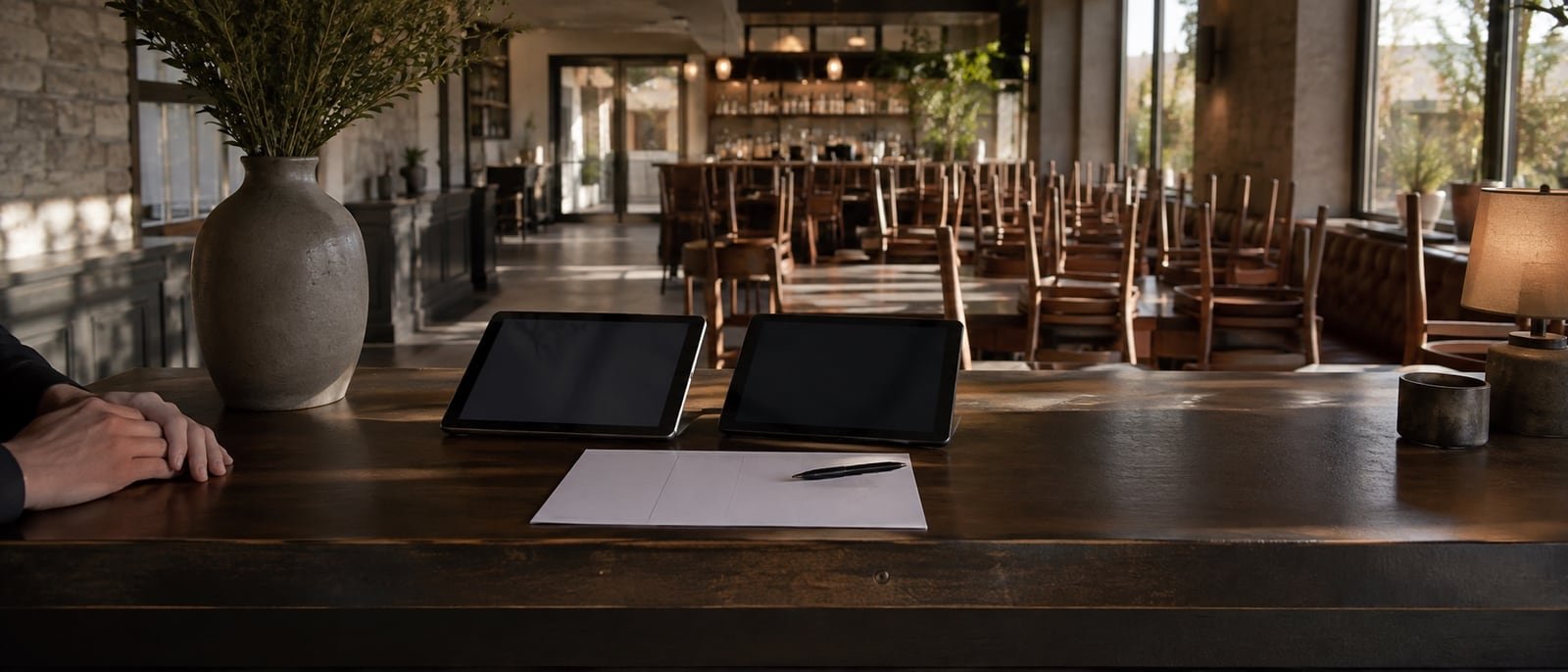 A host stand before opening with two tablets side by side and a blank sheet on the counter.