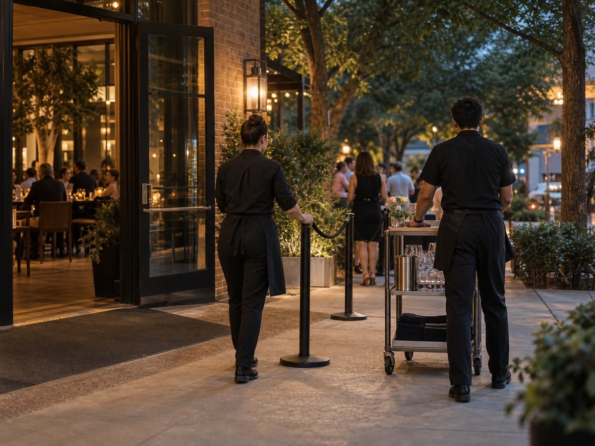 Restaurant staff coordinate a service cart and queue boundary outside an entry at evening.