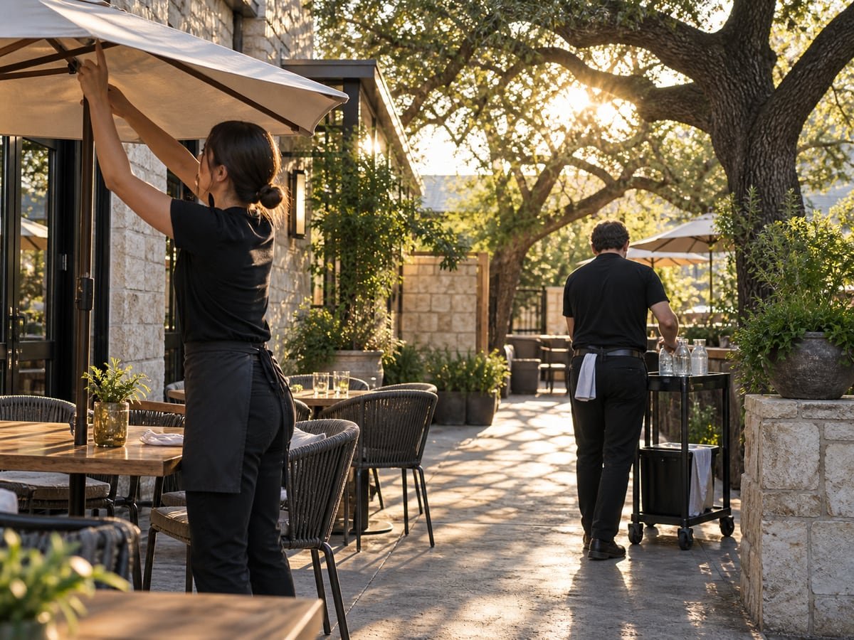 Restaurant staff adjust shade and an outdoor service route on a warm Austin afternoon.