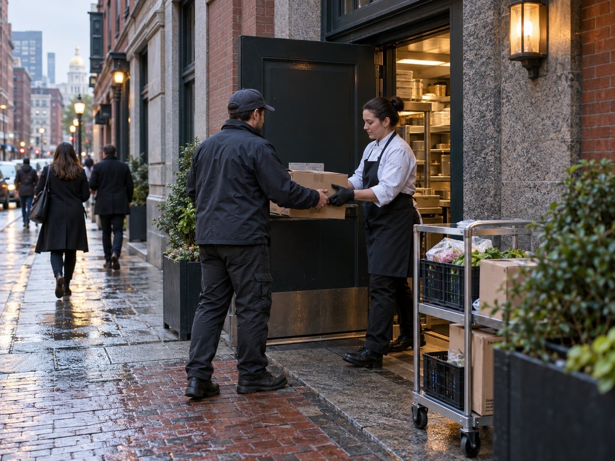Restaurant staff receive a compact delivery beside a narrow guest entry on a wet street.