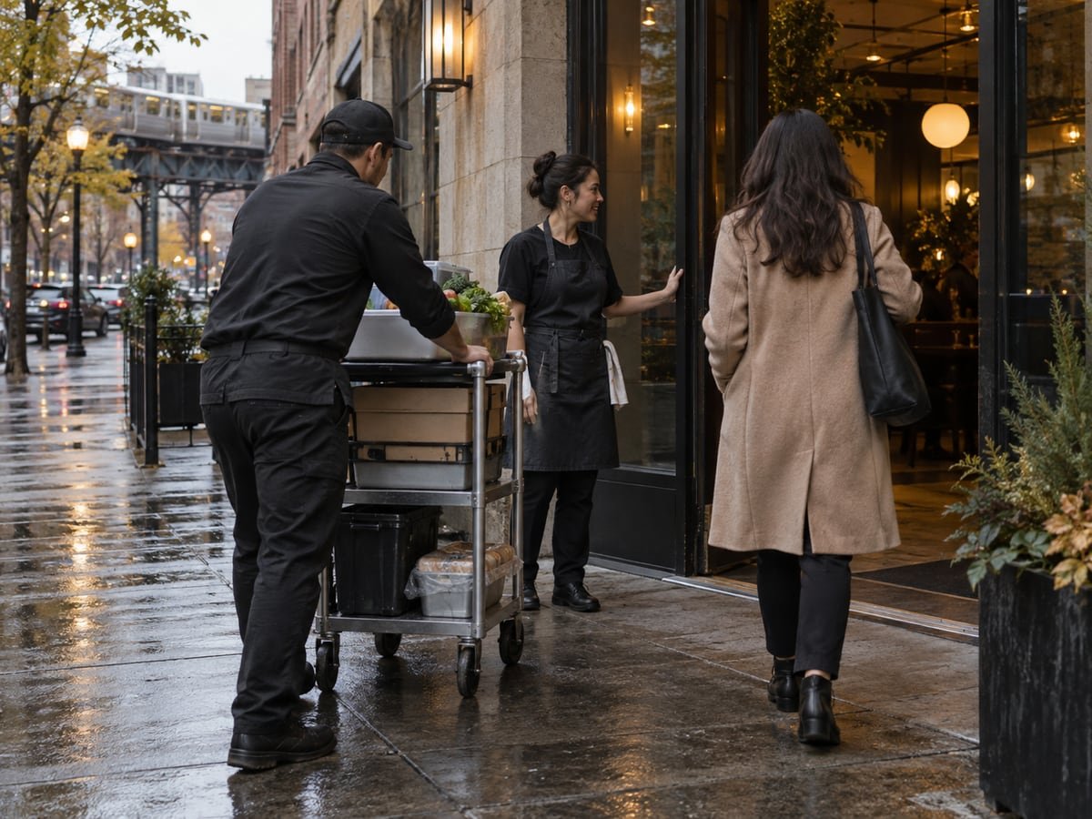 Restaurant staff coordinate a delivery cart and guest arrival on a wet Chicago street.