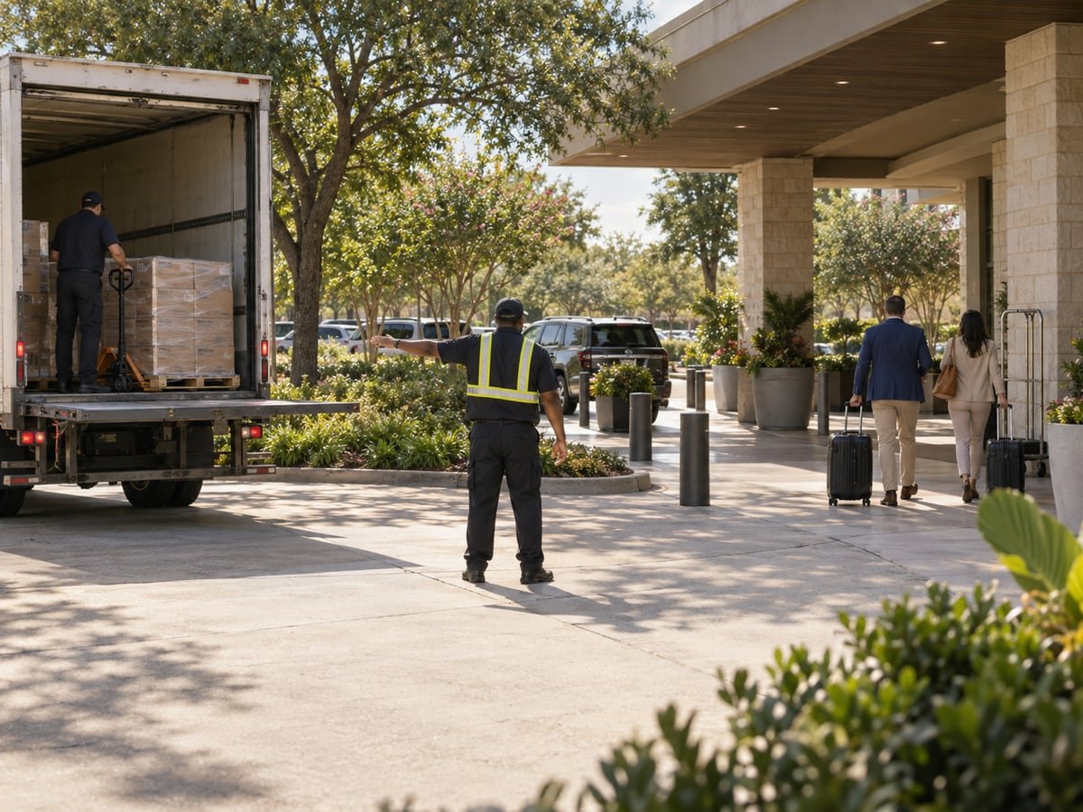 Hospitality staff direct a delivery around a separate guest arrival path.
