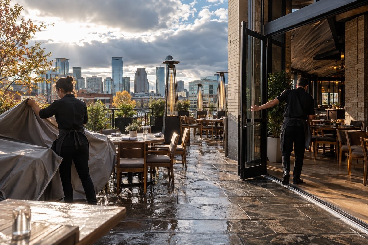 Restaurant staff adjust a weather cover while keeping a patio guest path clear.