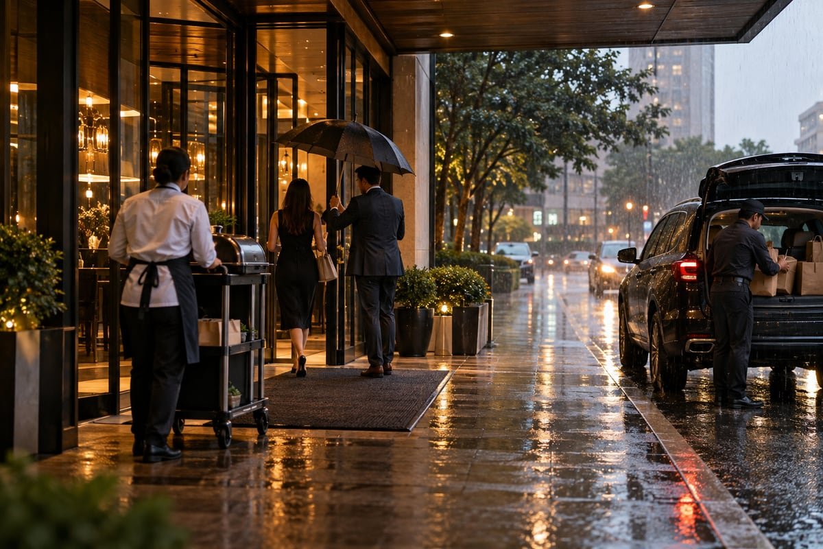 Restaurant staff keep a covered entry and delivery path clear during rain.