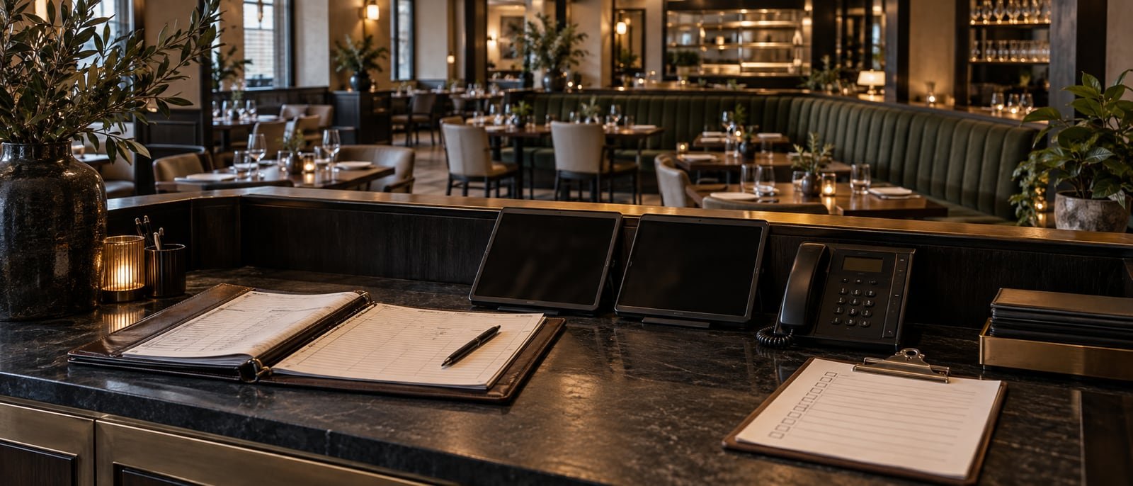 A restaurant host stand before service with a phone, two tablets, and a printed checklist.