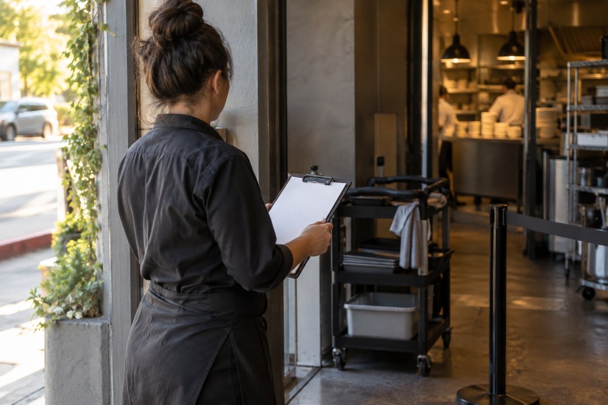 A restaurant manager seen from behind reviewing a blank clipboard near a service corridor and utility cart.