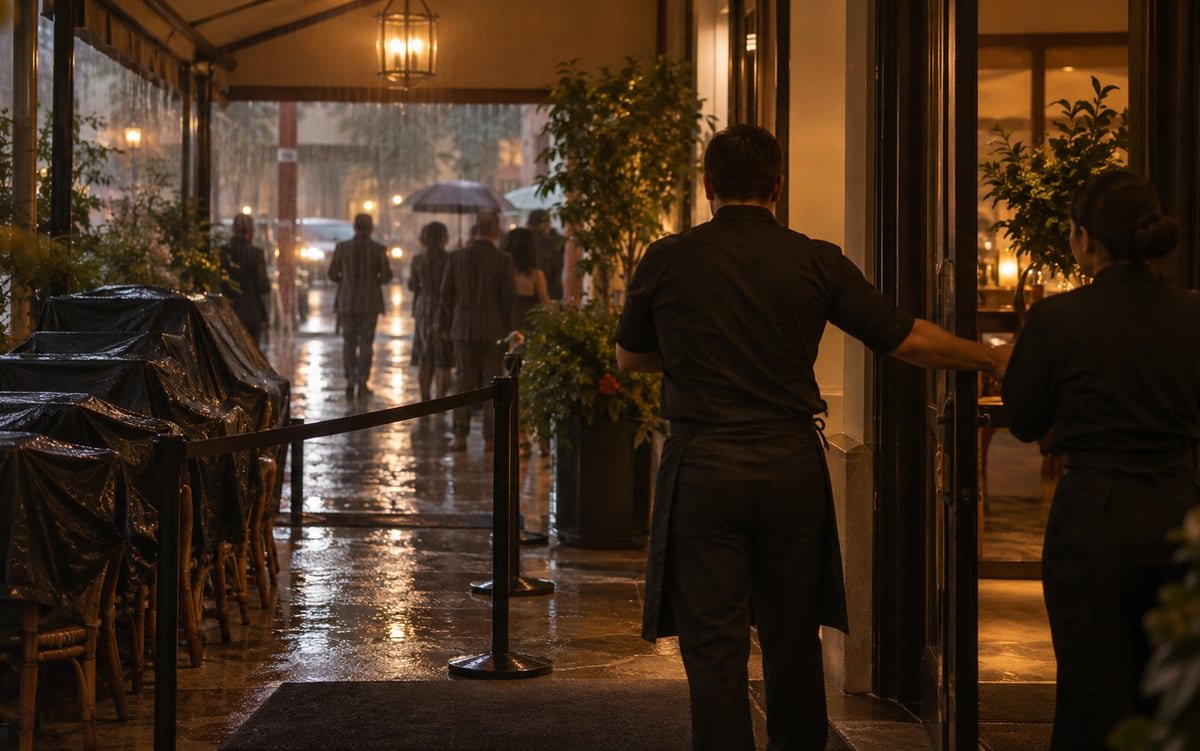 Restaurant staff seen from behind adjusting a covered entry during rain as guests approach outside.