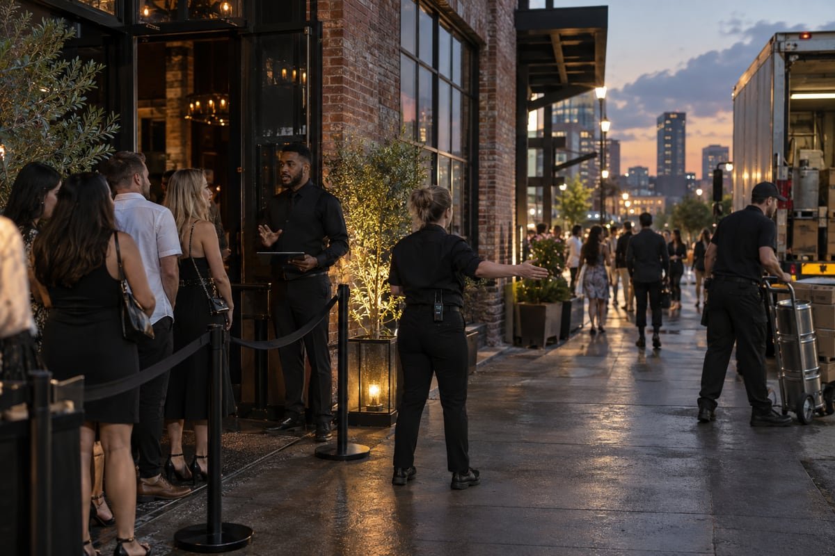 Hospitality staff direct an evening guest queue beside a restaurant delivery route.