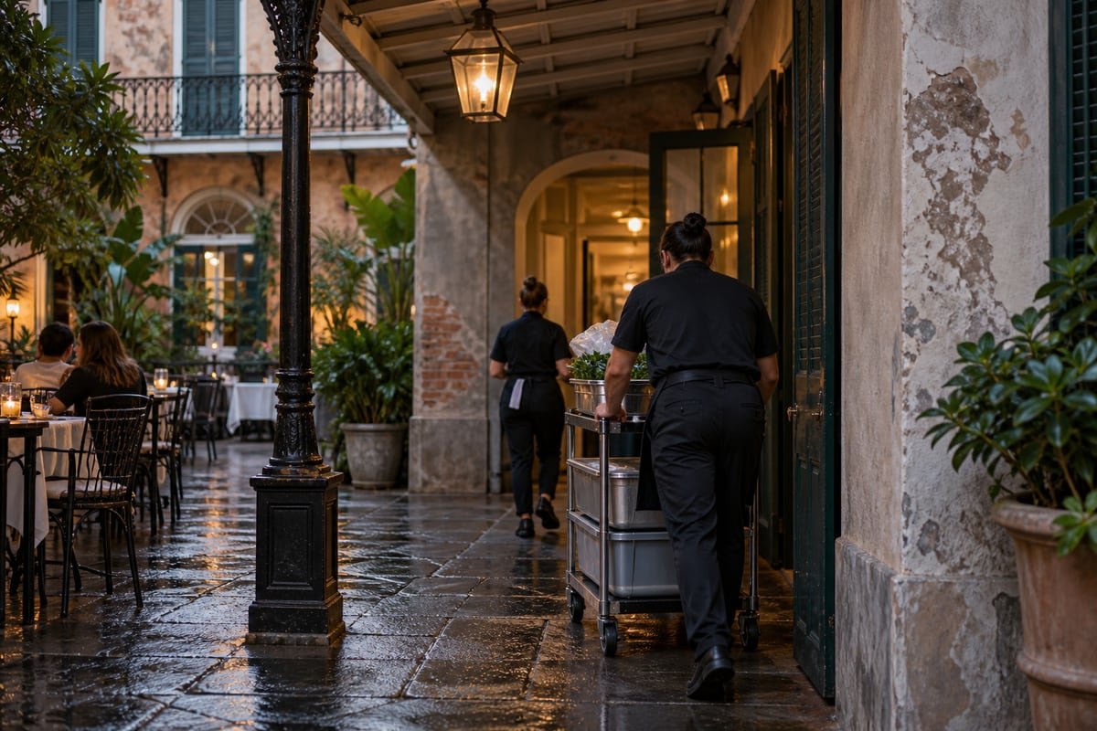 Restaurant staff bring supplies through a sheltered side entry while keeping a guest path open.