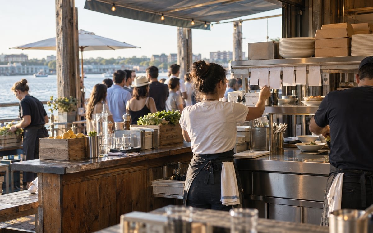 Staff work behind a waterfront order-pickup station as a summer queue forms nearby.