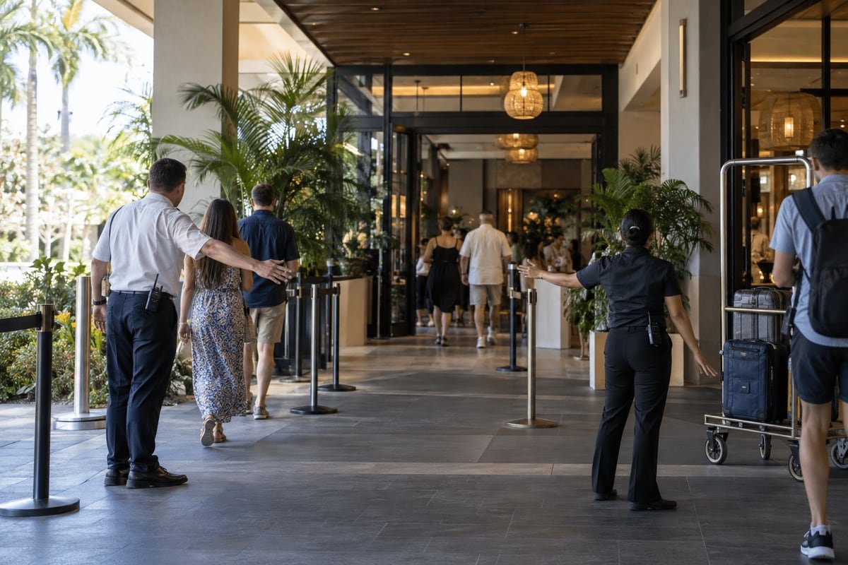 Restaurant staff direct guests and a small luggage cart along separate arrival paths.