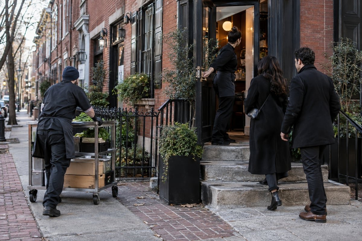 Restaurant staff maneuver a delivery cart past a clear entry path on a brick block.