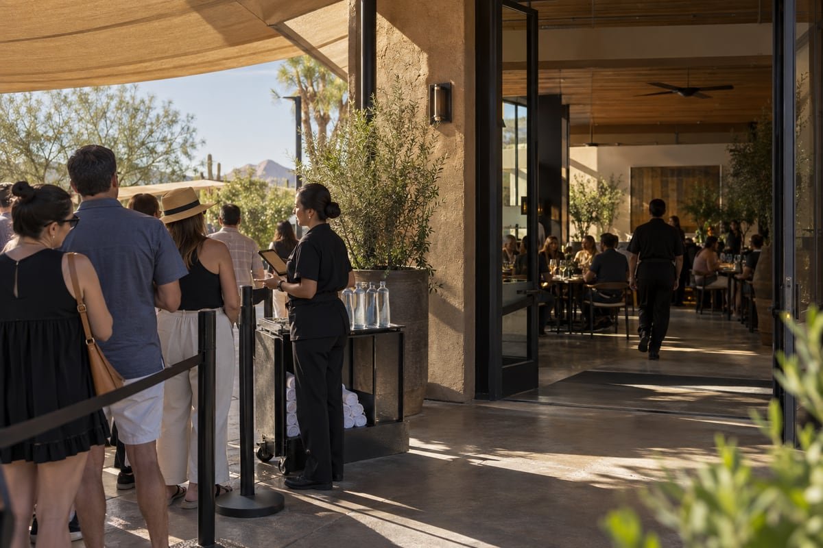 Restaurant staff maintain a shaded outdoor queue and a clear interior route.
