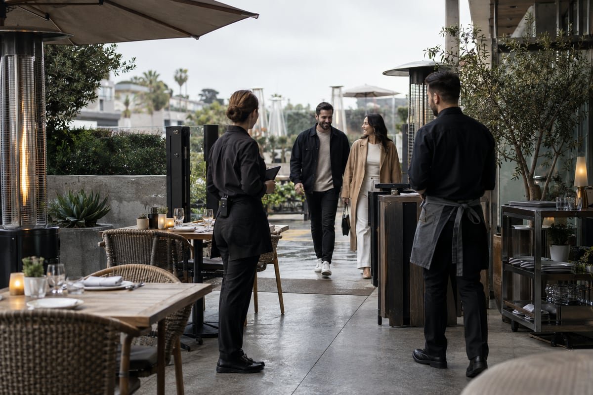 Restaurant staff coordinate a patio service boundary and guest arrival path.