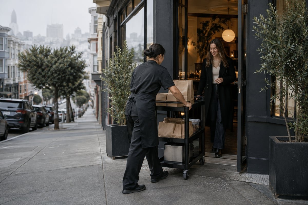 Restaurant staff move a compact delivery cart while keeping a narrow entrance path open.