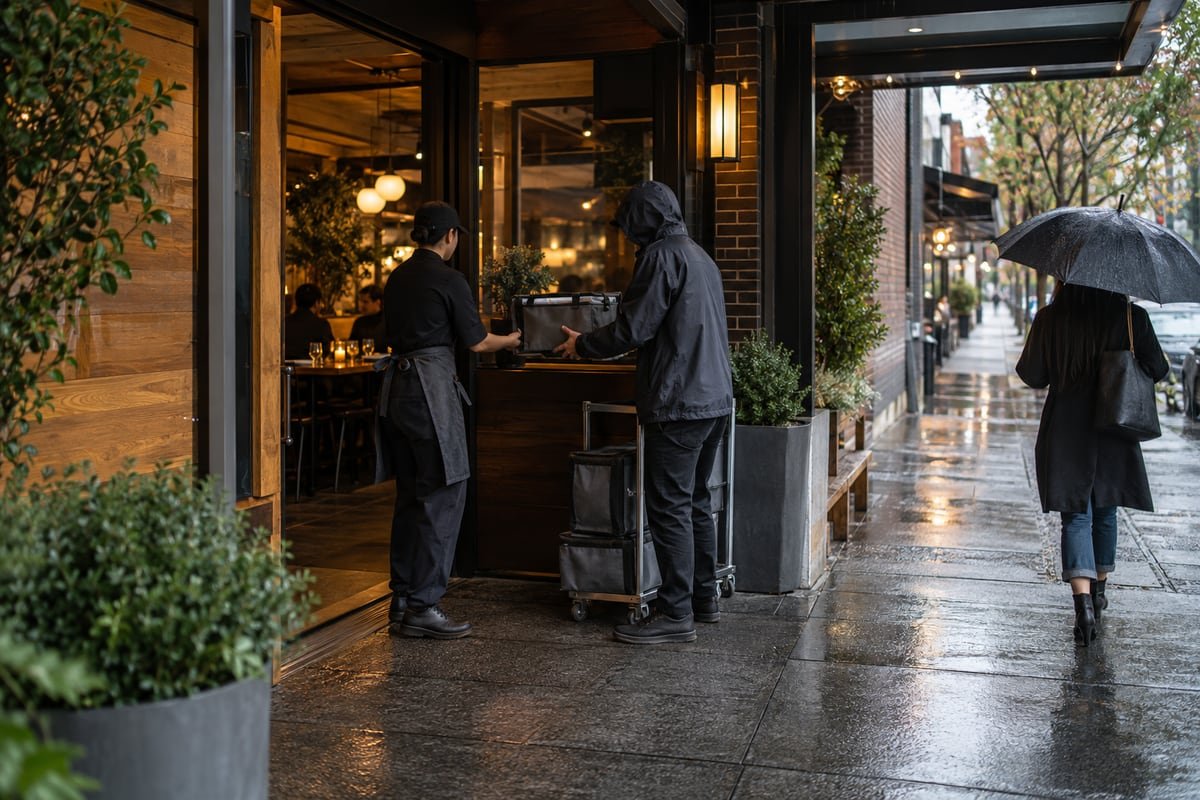 Restaurant staff receive a compact delivery under cover while a guest path remains open in rain.