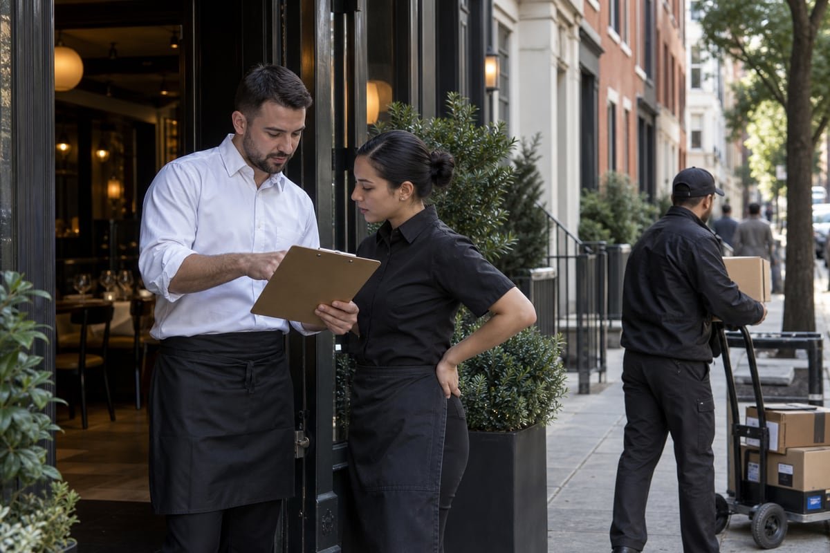 A restaurant manager and floor lead review a blank checklist beside a service entry.
