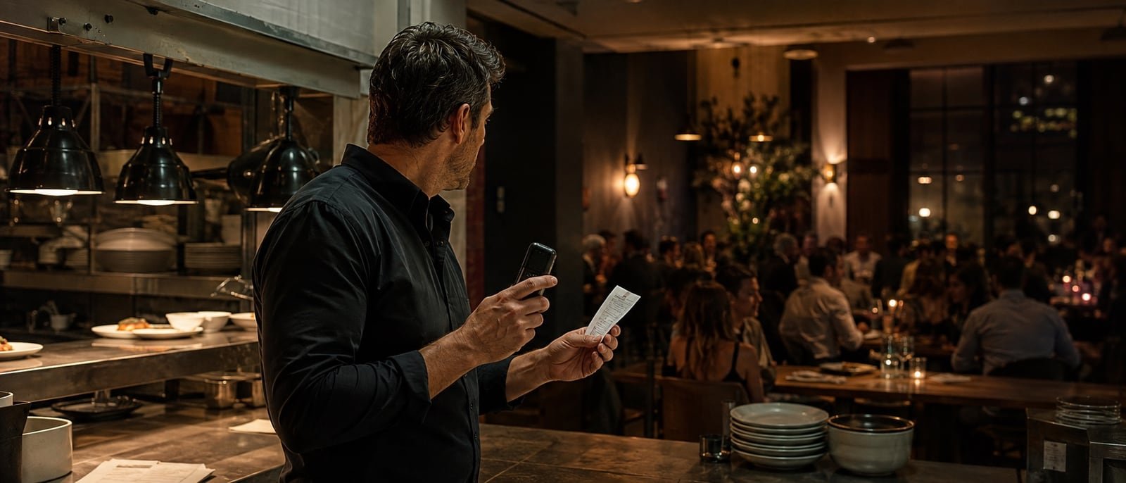 An owner at the pass holding a phone and a ticket during a full service.